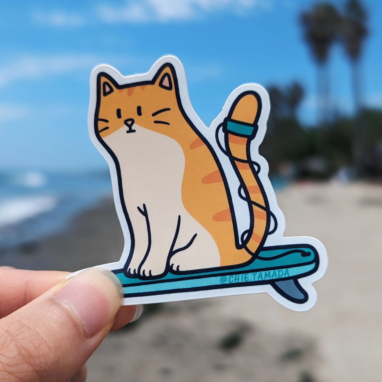 Striped Orange Surfer Cat Sticker