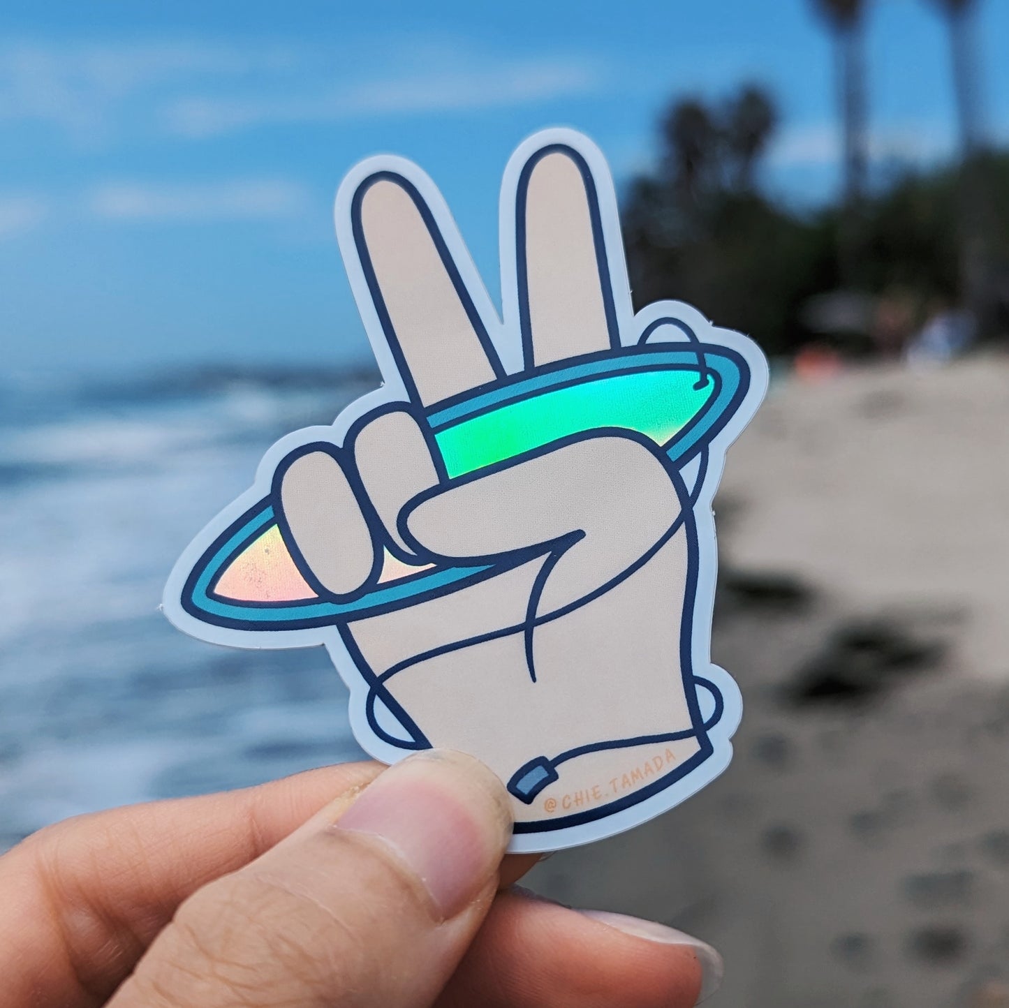 Peace Sign Blue Surfboard Holographic Sticker