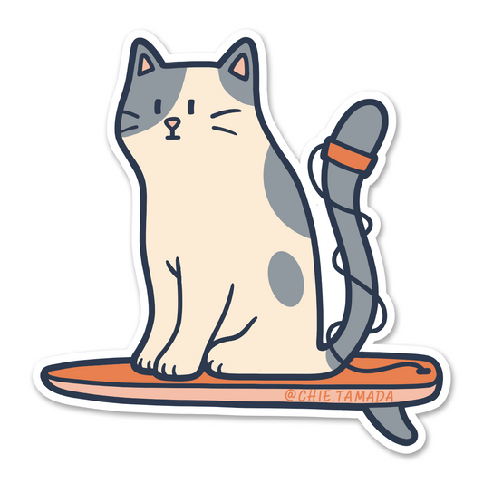Spotted Gray Surfer Cat Sticker