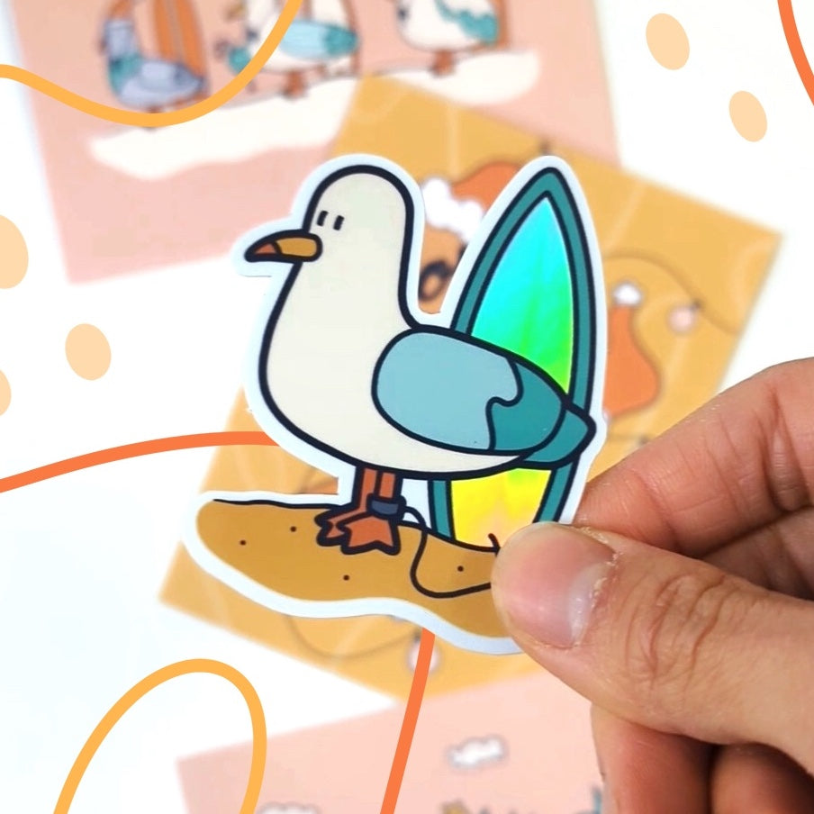 Surfer Bird Seagull Holographic Sticker