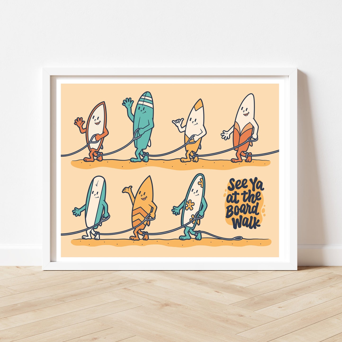 Walking Surfboard Character Surfing Wall Art Print