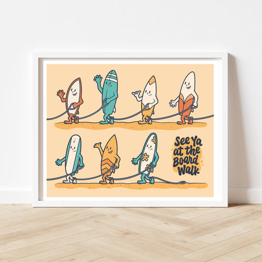 Walking Surfboard Character Surfing Wall Art Print