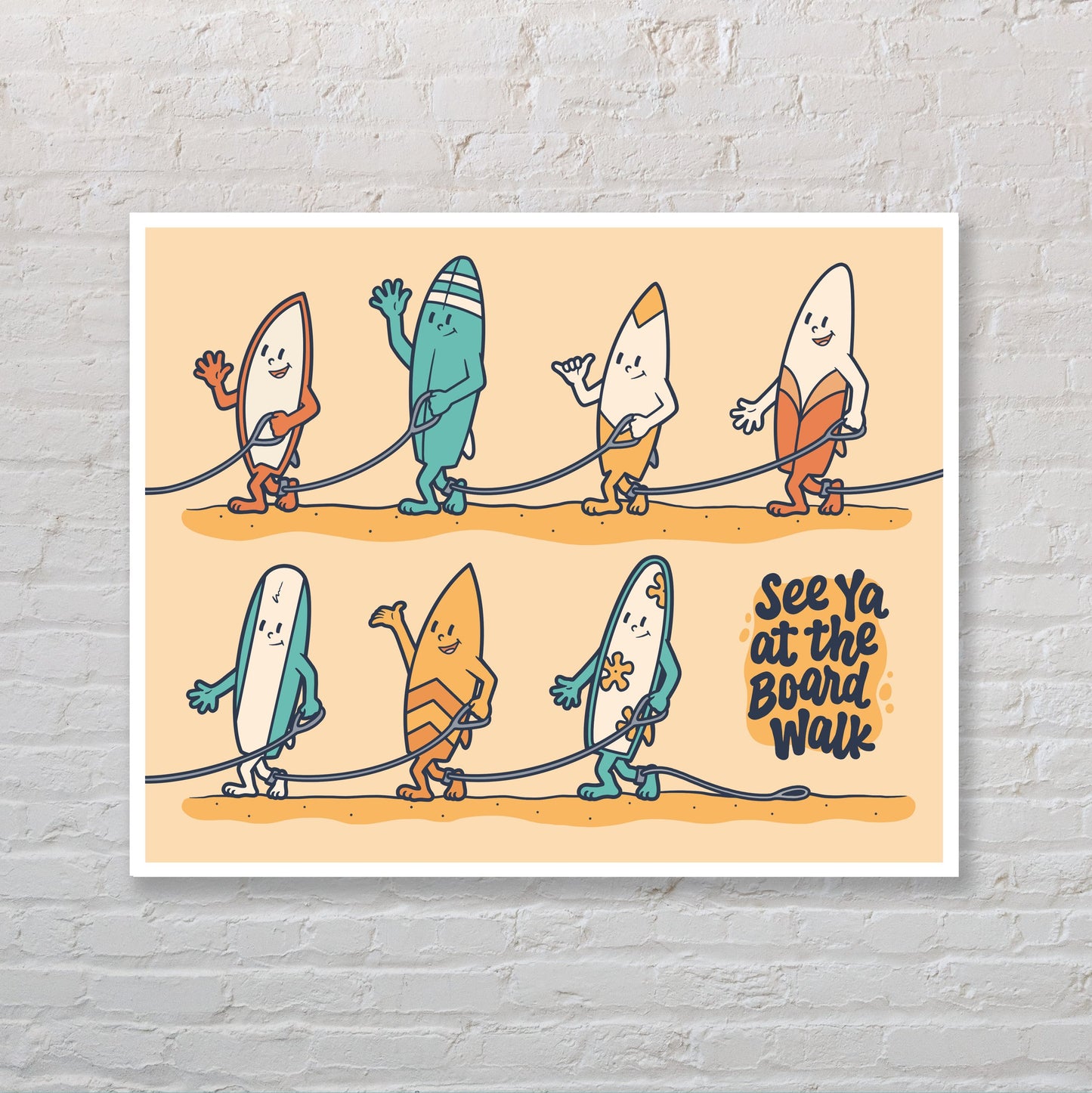 Walking Surfboard Character Surfing Wall Art Print