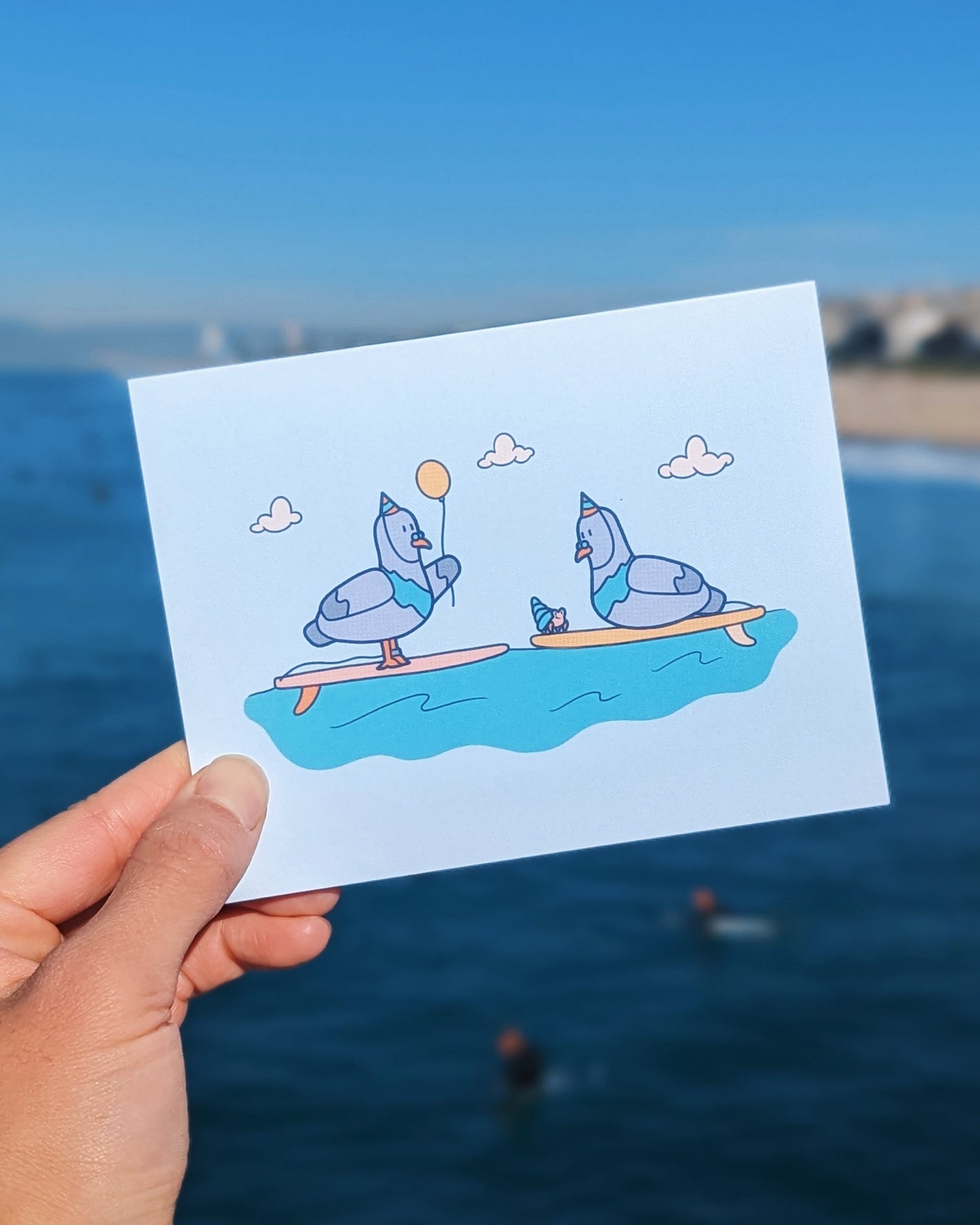 Surfer Bird Pigeon Birthday Card
