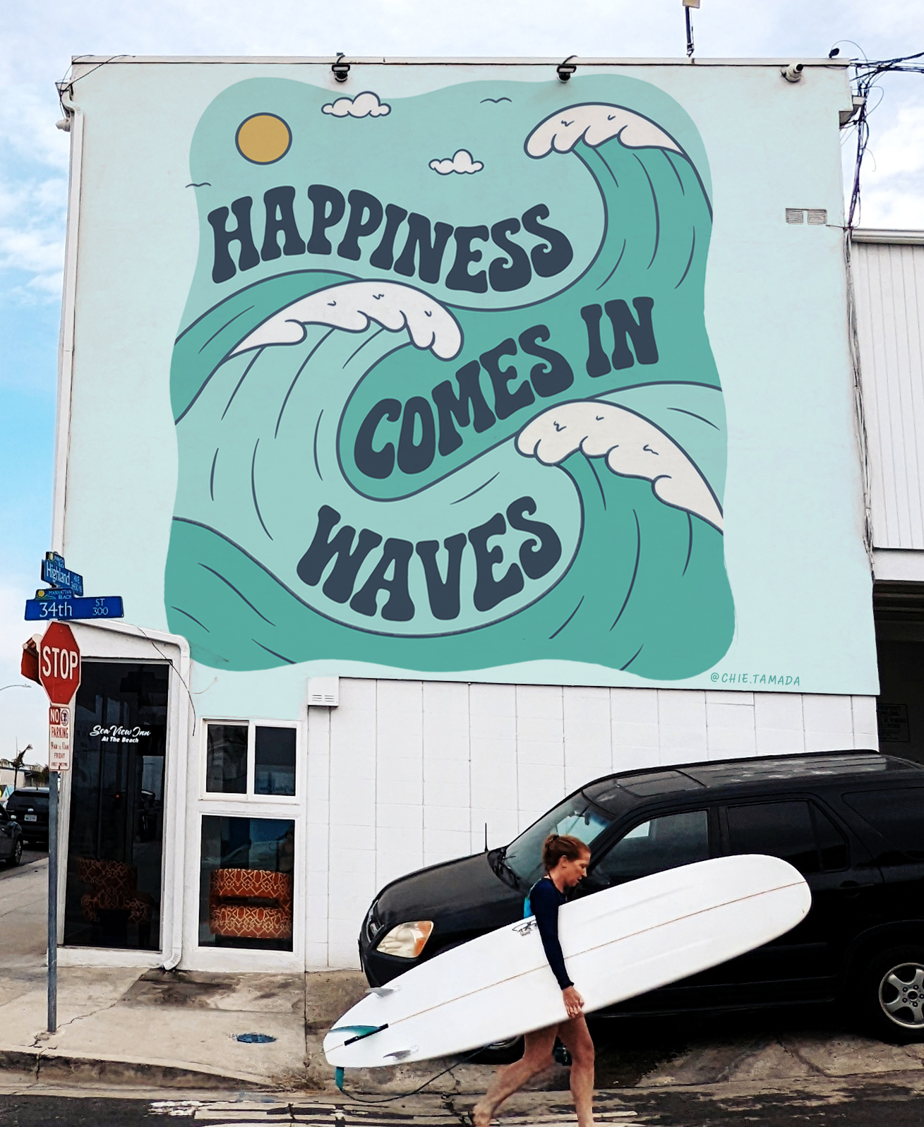 Happiness Comes In Waves Surf Wall Mural