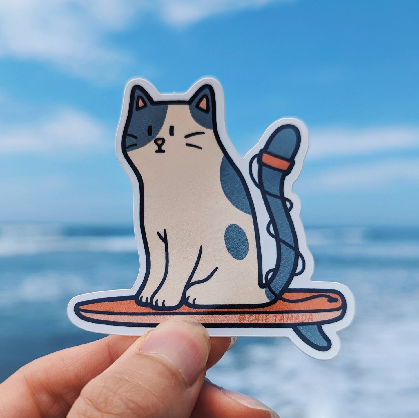 Spotted Gray Surfer Cat Sticker
