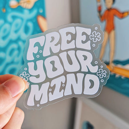 Free Your Mind Groovy Lettering Flower Clear Vinyl Sticker