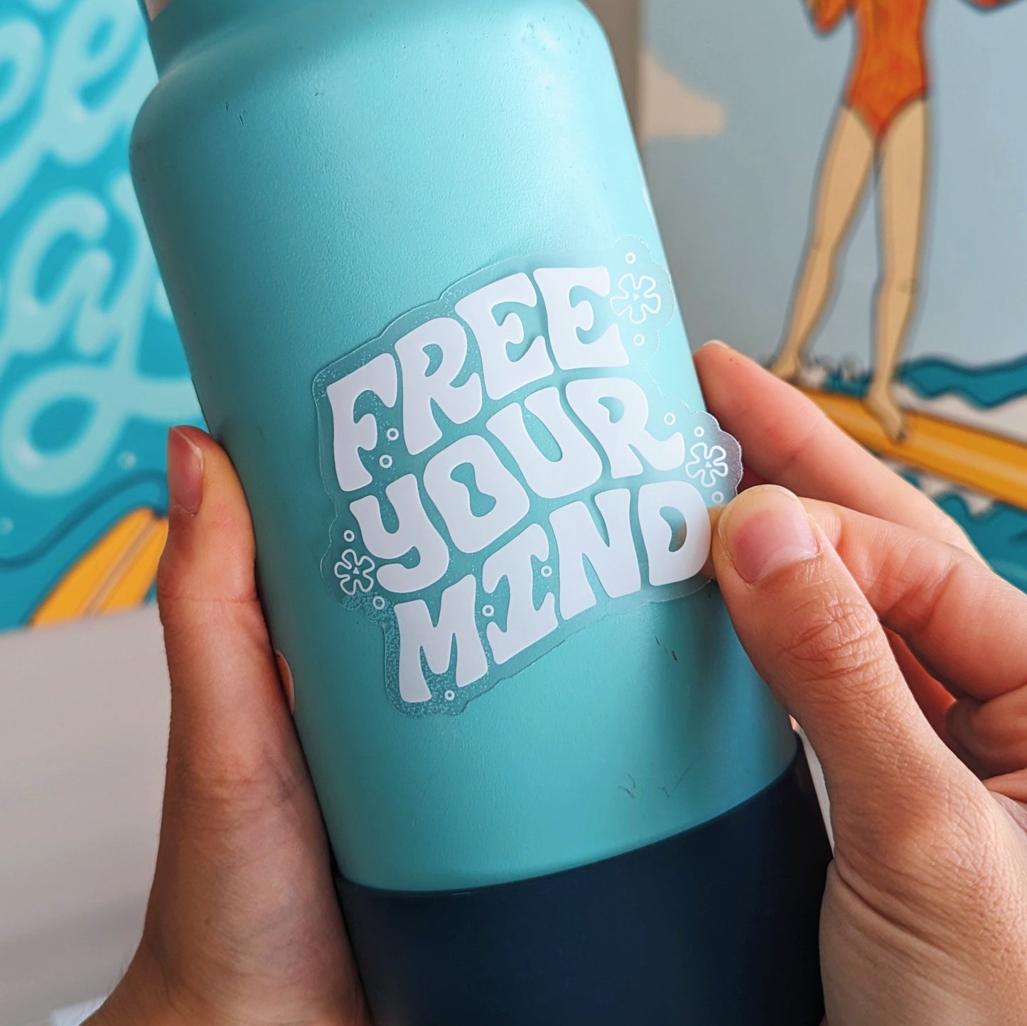 Free Your Mind Groovy Lettering Flower Clear Vinyl Sticker