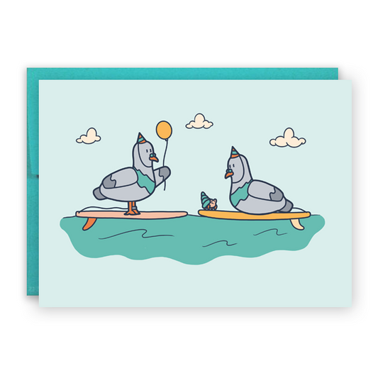 Surfer Bird Pigeon Birthday Card