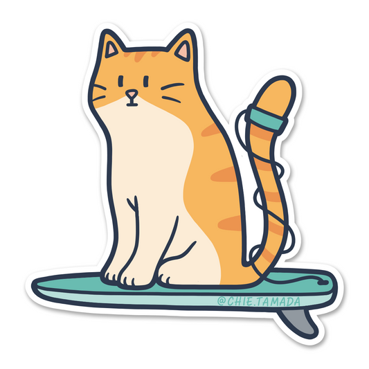 Striped Orange Surfer Cat Sticker